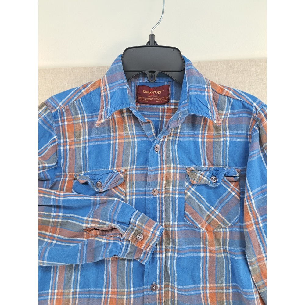Vtg Kingsport Shirt Mens XS Small Blue Plaid Flannel Button Up Long Sleeve 70s
